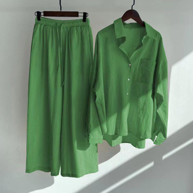 Women's 2-piece Retro Plus Size Shirt Outfit High Waist Loose Trousers - amazitshop