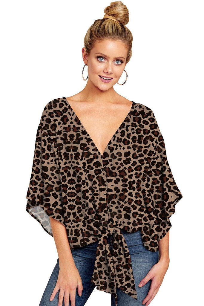New V Neck Blouse Women Leopard Print Shirts Floral Tie Front Blouses Batwing Summer Oversize Ladies Tops - amazitshop