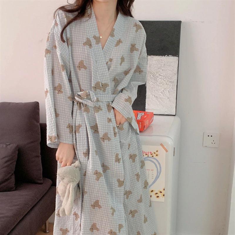 Korean Ins Women's Bear Plaid Nightgown Cotton Cloth - amazitshop