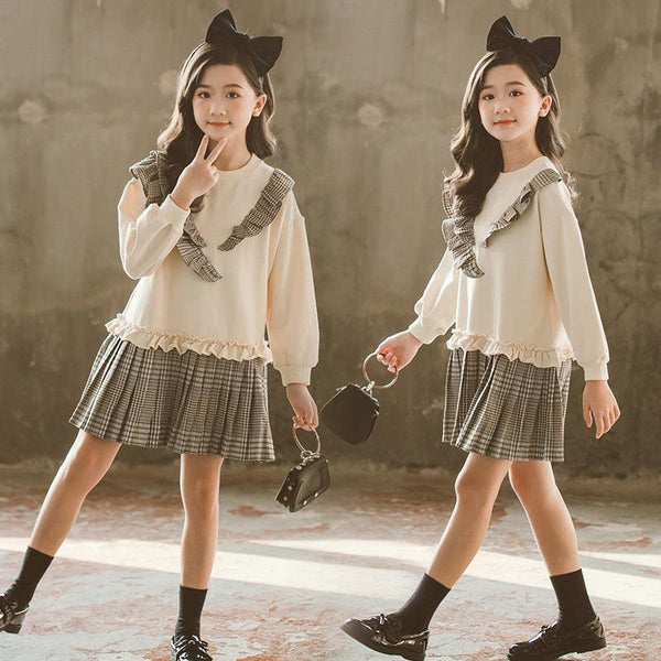 Girls' Dress In Big Kids Korean Style With Plaid Pleated - amazitshop