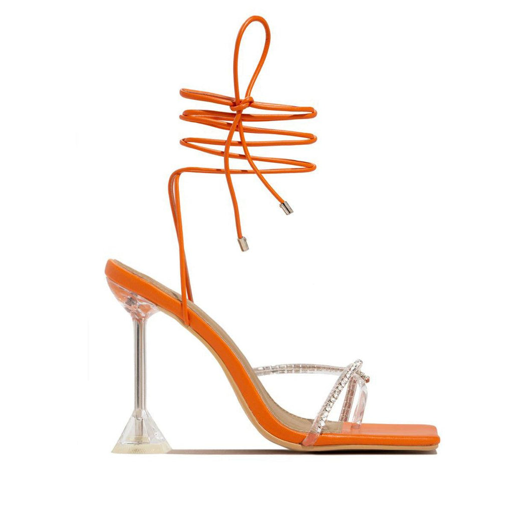 Black And White Orange Rhinestone Transparent High Heel Sandals - amazitshop