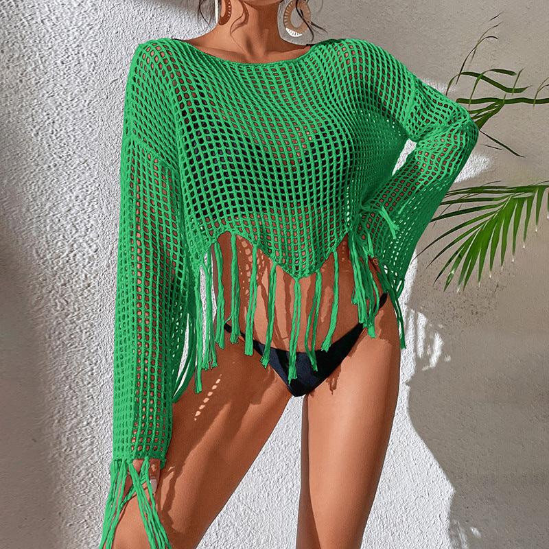 New Knitted Hollow Tassel Blouse Seaside Vacation Beachwear Bikini Swimsuit Sun Protection Blouse - amazitshop