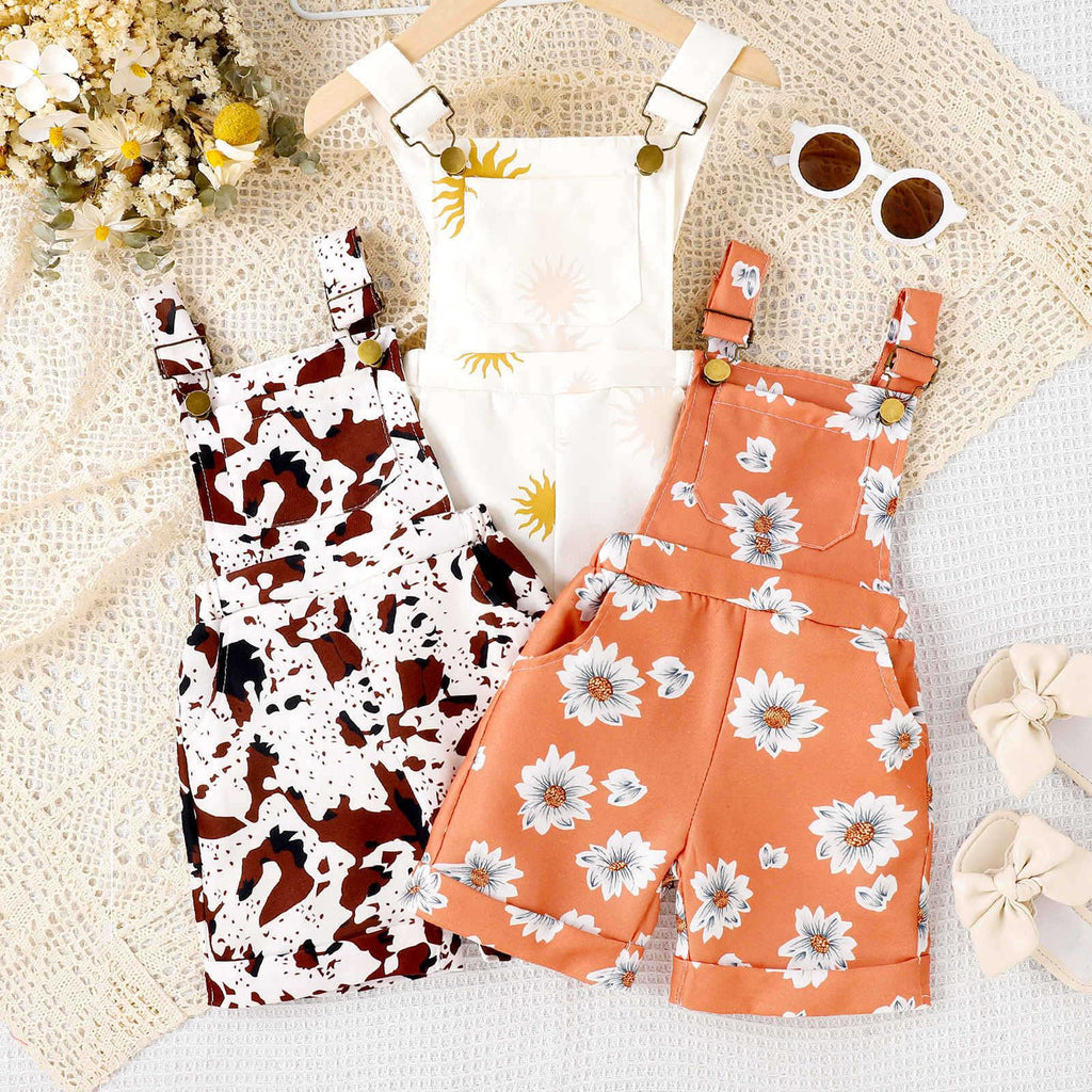European And American Girls' Spring And Summer Fashion Item Flower Leopard Print Sun Print Children's Pocket Suspender Pants - amazitshop