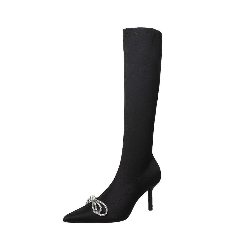 High Heel Rhinestone Sleeve Pointed Long And Short Black Boots - amazitshop