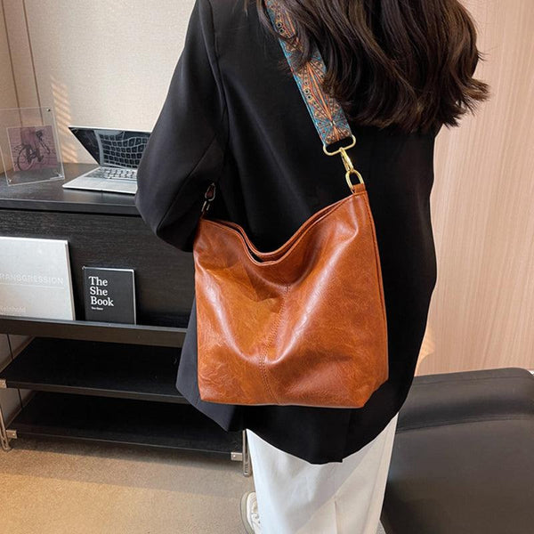 Bucket Bag Retro Print Wide Shoulder Strap Messenger Shoulder Bags Solid Color Shopping Daily Commuter Handbag - amazitshop