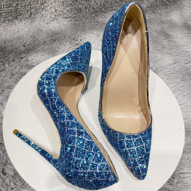 Blue Sequined High Heel Wedding Shoes Everyday - amazitshop