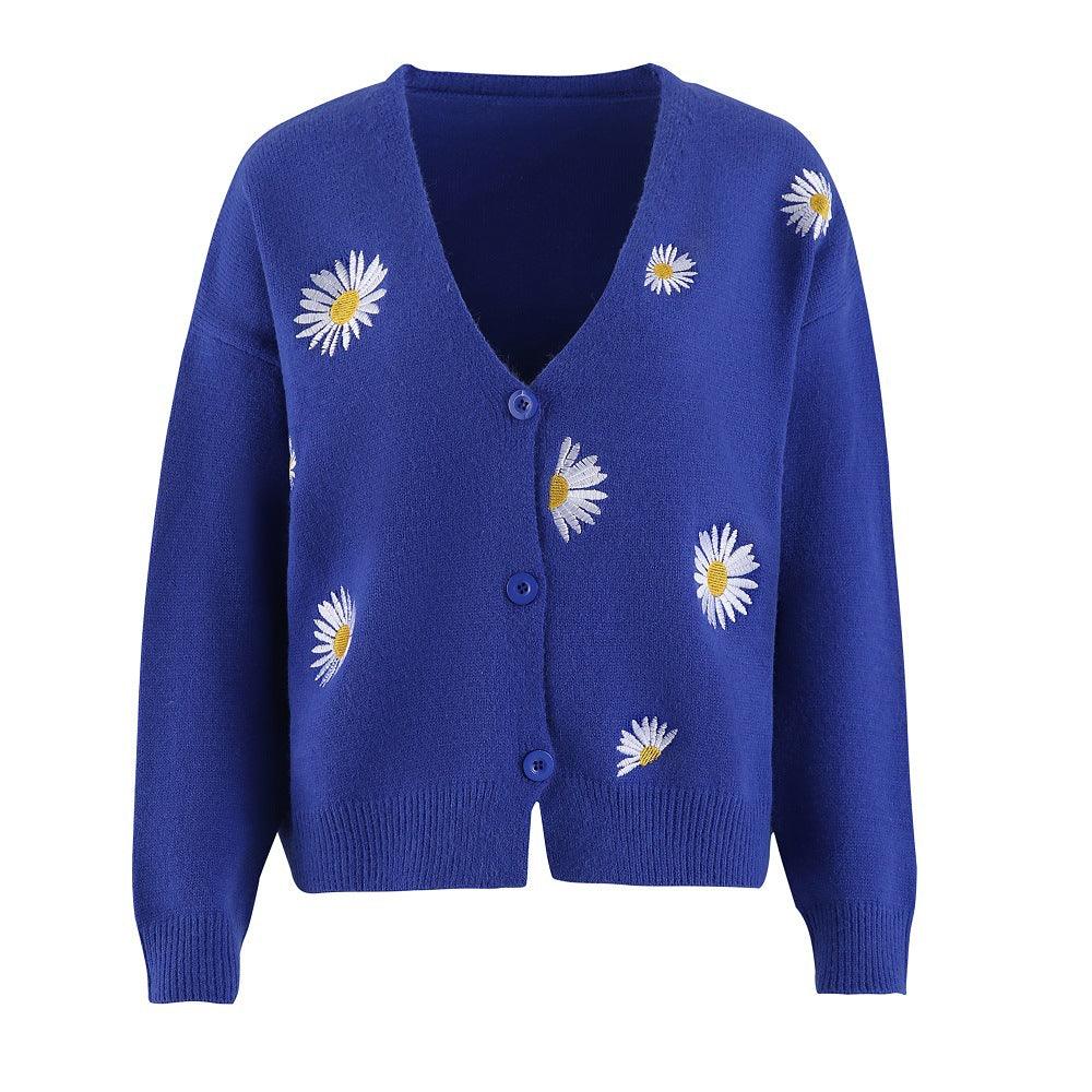Women's Single Breasted Sweater Chrysanthemum Embroidered Cardigans Coat Clothes - amazitshop