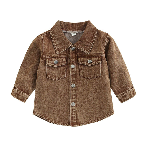 Autumn New Kids' Overcoat Boys Girls Toddlers Casual Solid Color Long Sleeve Lapel Denim Shirt Jacket - amazitshop