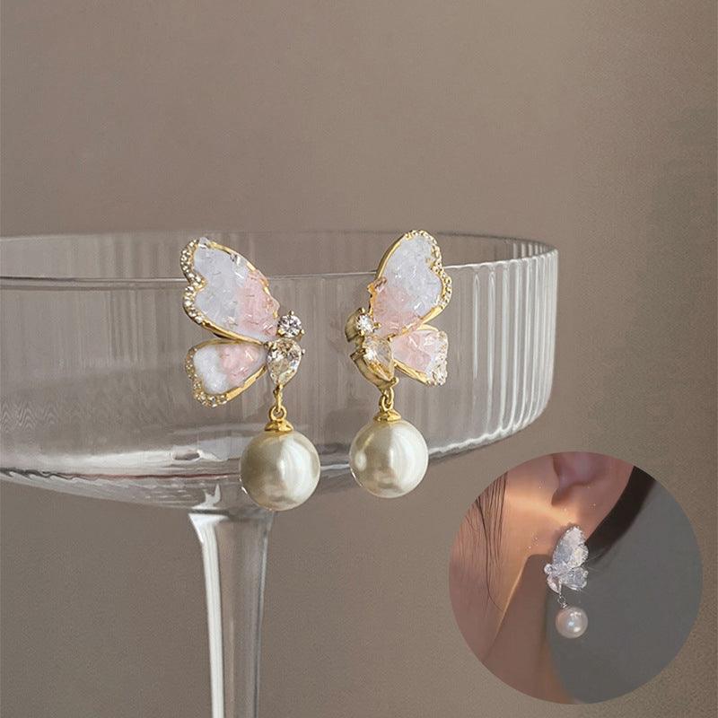 Gradient Butterfly Pearl Earrings With Rhinestones Luxury Personalized Earrings For Women Jewelry - amazitshop