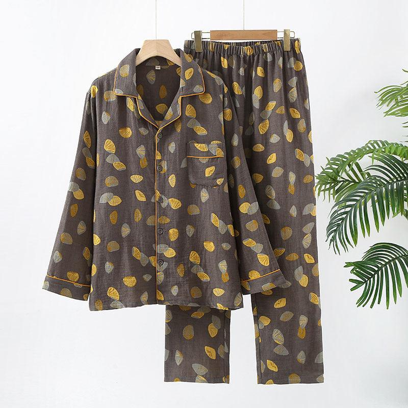 Pure Cotton Double-layer Sheer Men's Long Sleeved Jacquard Pajama Set - amazitshop