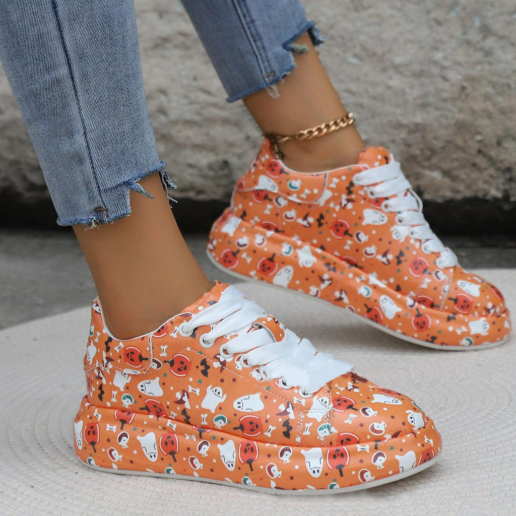 Halloween Cartoon Print Flats Fashion Graffiti Flats Shoes Platform Lace-up Round Toe Sports Shoes - amazitshop