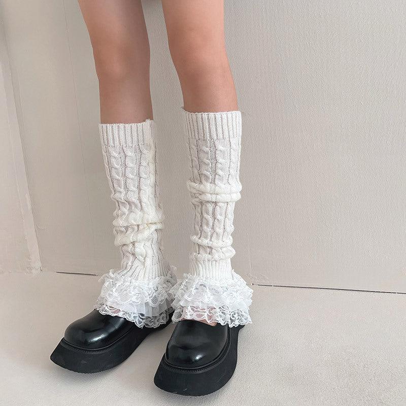 Women's Fashion Multi-layer Lace Twist Stripes Knitted Leg Warmers - amazitshop