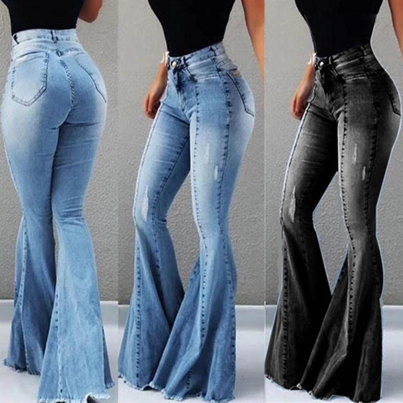 Elastic High Waist Ripped Denim Bell - bottom Pants Women - Amazitshop