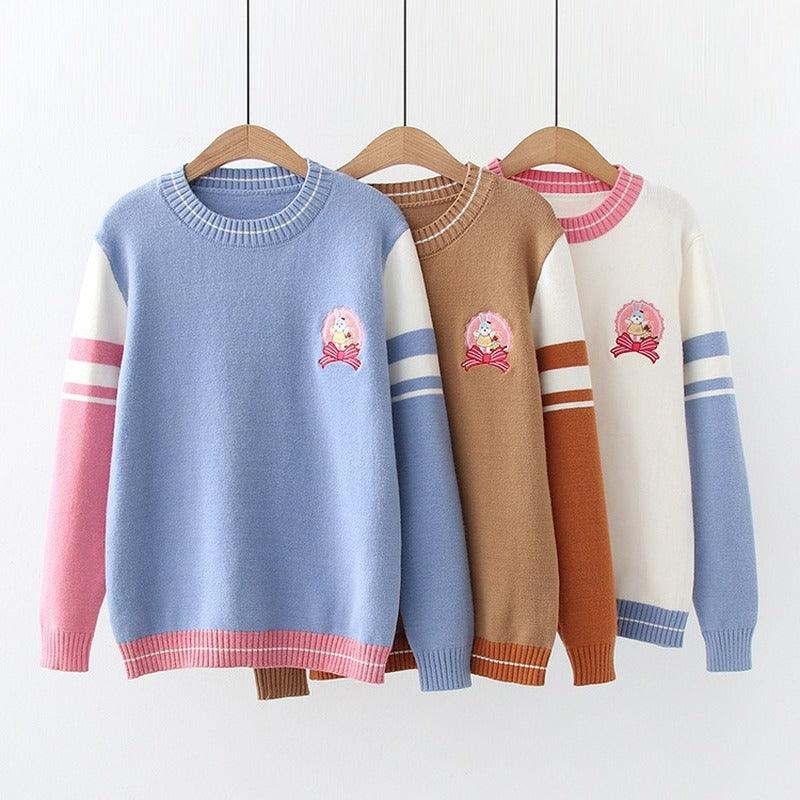 Embroidered Rabbit Girls' Student Sweater Pullover - Amazitshop