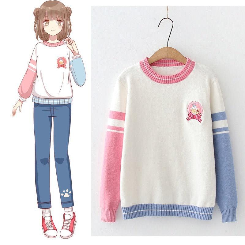 Embroidered Rabbit Girls' Student Sweater Pullover - Amazitshop