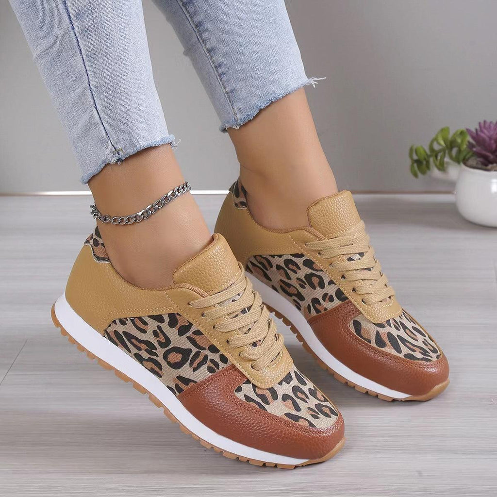 Fashoin Leopard Print Lace-up Sports Shoes For Women Sneakers Casual Running Walking Flat Shoes - amazitshop