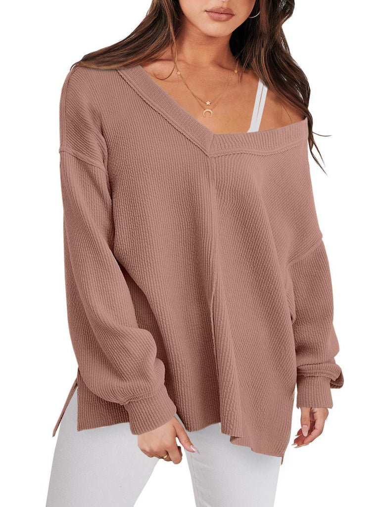 Fashion Lightweight V-neck Sweaters Women Winter Casual Long Sleeve Ribbed Knit Side Slit Pullover Top - amazitshop