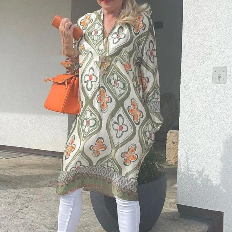 Fashionable V - neck Printed Loose Dress Long Dress - Amazitshop