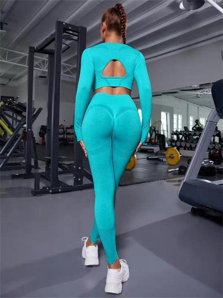 2pcs Sports Suits Long Sleeve Hollow Design Tops And Butt Lifting High Waist Seamless Fitness Leggings Sports Gym Sportswear Outfits Clothing - amazitshop
