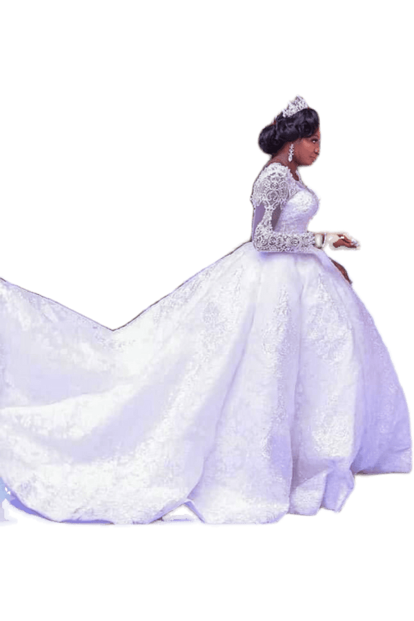 Lace African Wedding Dress Long Sleeves Round Neck Big Tail Tutu Skirt - amazitshop