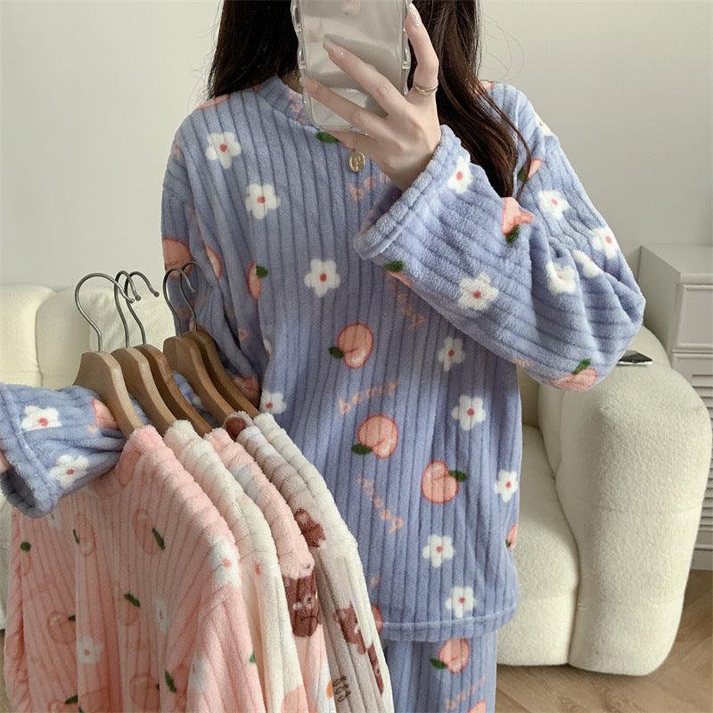 Women's Pajamas Autumn Winter Warm Pyjamas Sets Thick Coral Long Sleeve Cute Cartoon Bear Sleepwear Home Nightclothes - amazitshop