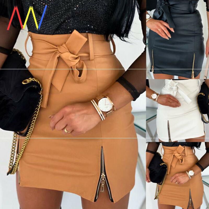 Women Bandage PU Leather Skirt Ladies Short Mini Skirts - amazitshop