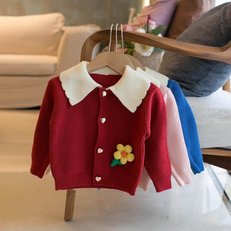 Girls' Lapel Flower Cardigan Sweater - amazitshop