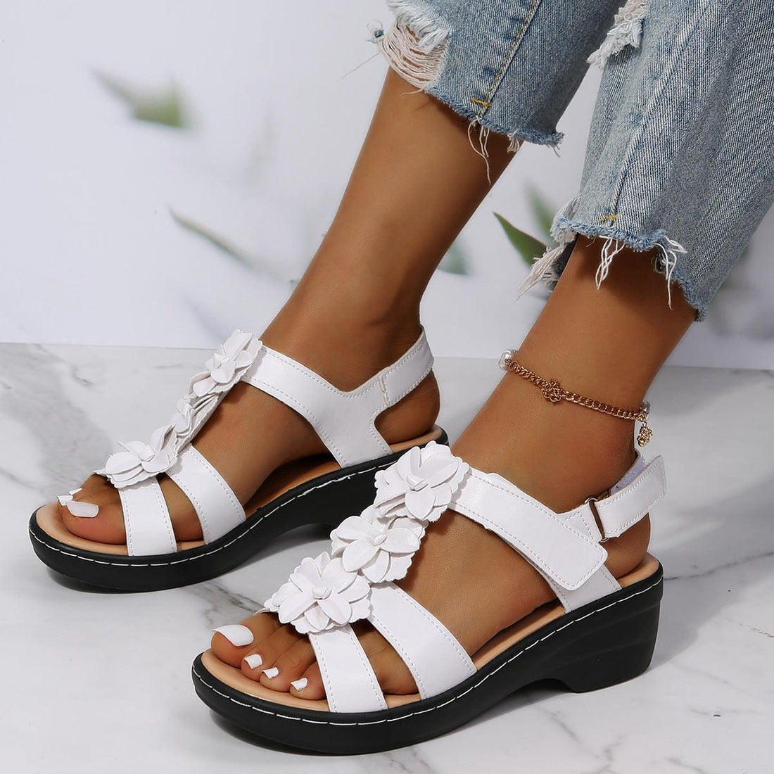 Flowers Sandals Summer Velcro Wedges Shoes For Women - Amazitshop