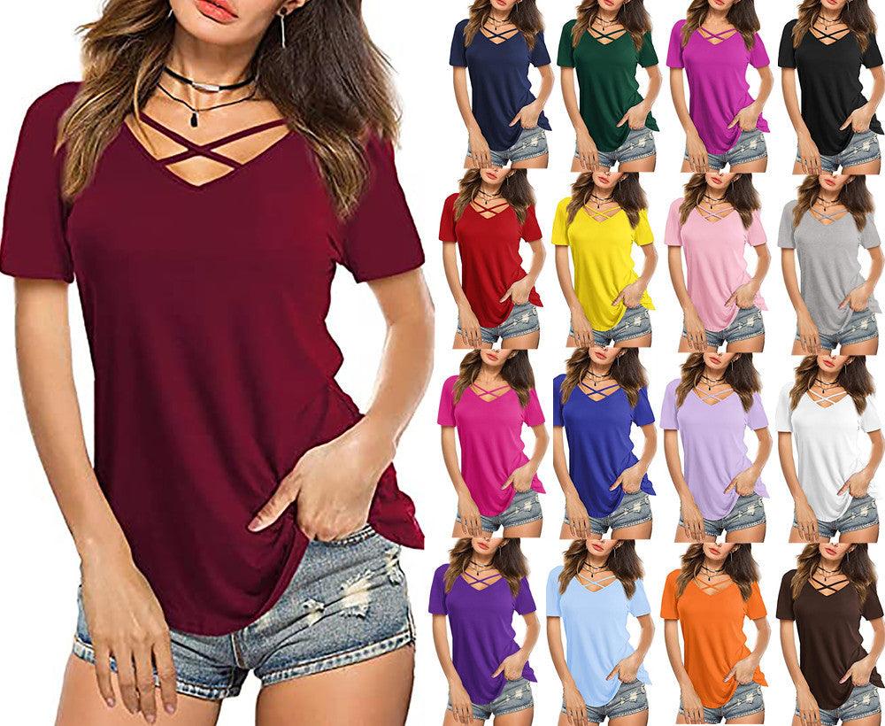 Front Cross VNeck Short Sleeve Loose TShirt Women - Amazitshop