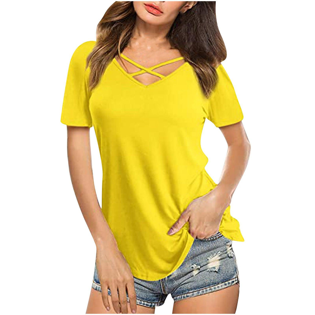 Front Cross VNeck Short Sleeve Loose TShirt Women - Amazitshop