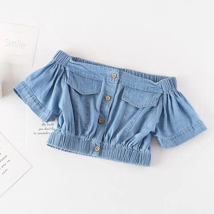 Girls Korean Version Denim Two - piece High - waisted Short - sleeved Top - Amazitshop