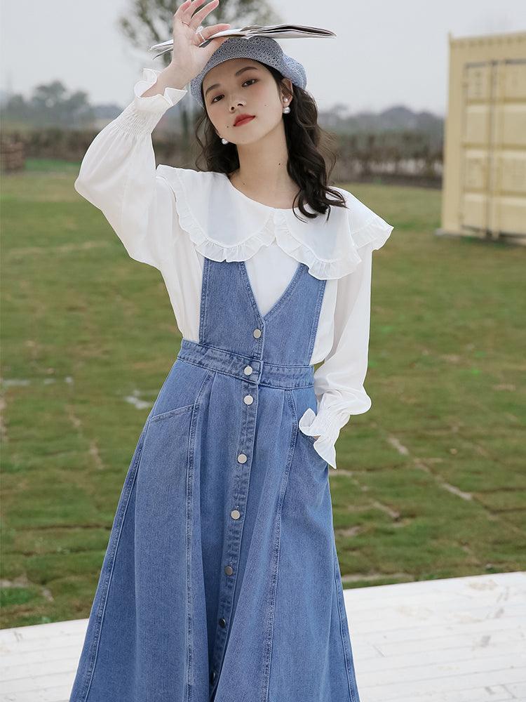 High Waist Denim Suspender Skirt Girl Small Dress - Amazitshop