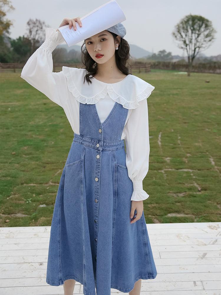 High Waist Denim Suspender Skirt Girl Small Dress - Amazitshop