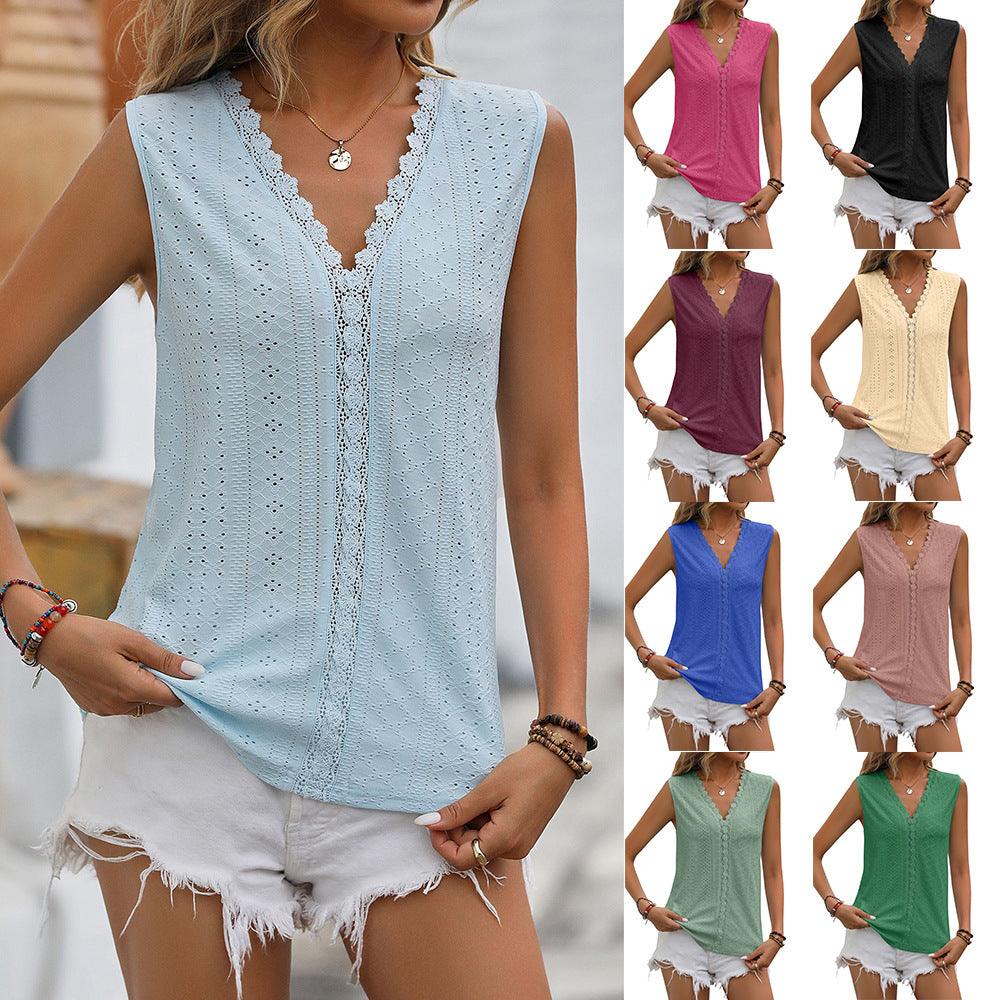 Lace Tops Women V - neck Sleeveless Hollow Out Vest Summer Tank - Amazitshop