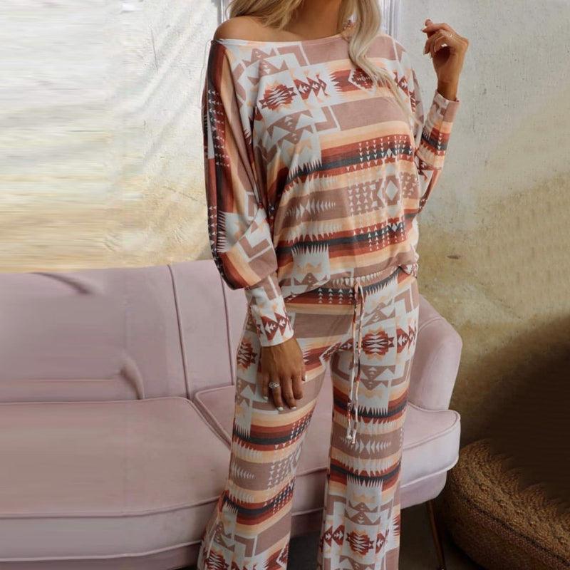 Leopard Rhombus Home Wear Long Sleeve Top Trousers 2 - piece Set - Amazitshop