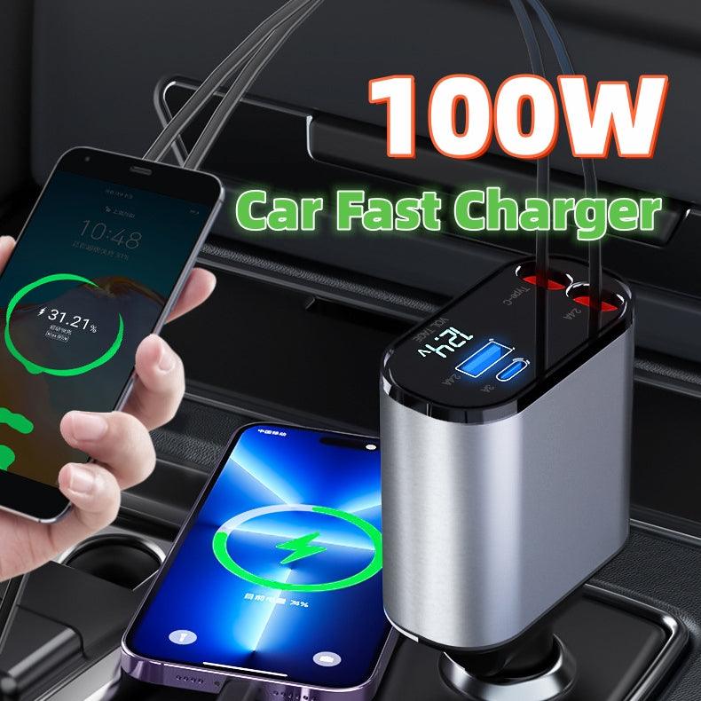 Metal Car Charger 100W Super Fast Charging Car Cigarette Lighter USB And TYPE - C Adapter - Amazitshop