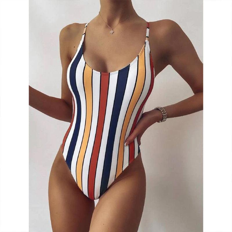 Multicolor Striped One - piece Swimsuit Women European And American Foreign Trade Swimwear Amazon Bikini - Amazitshop