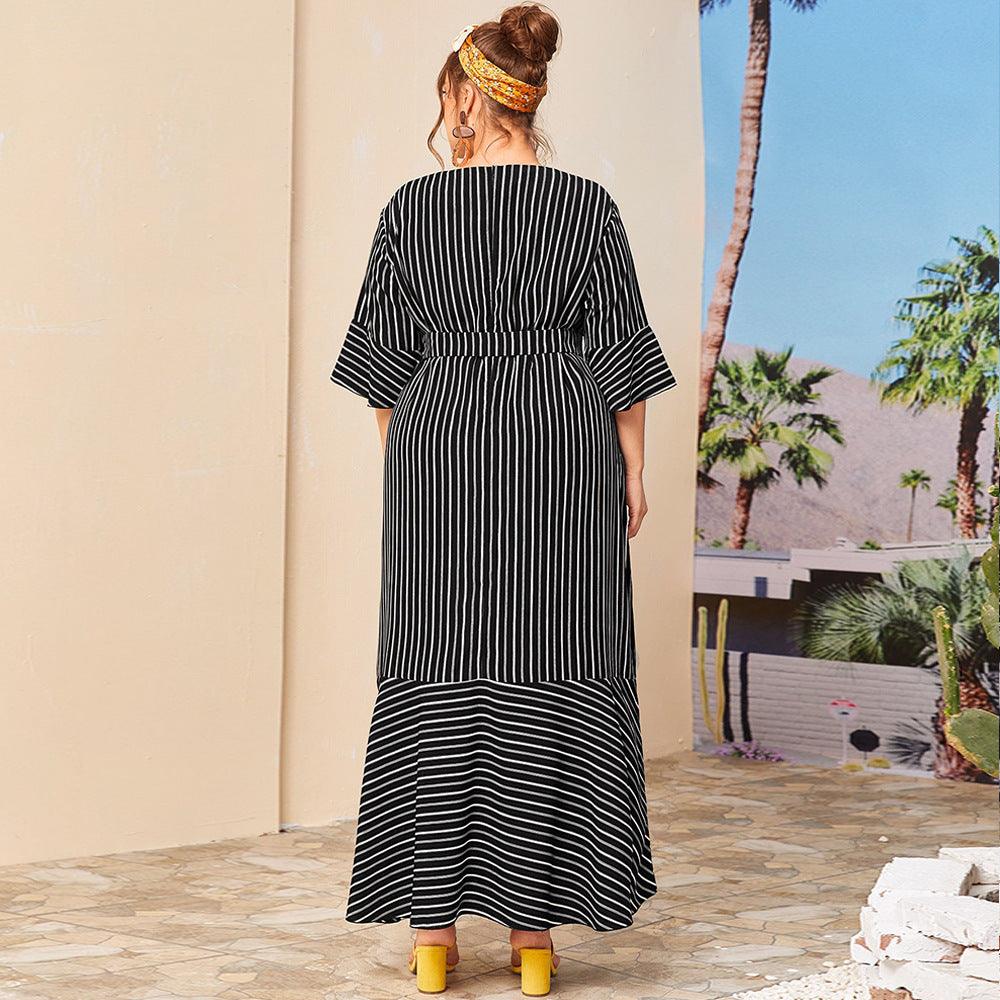 Plus size round neck striped dress - Amazitshop