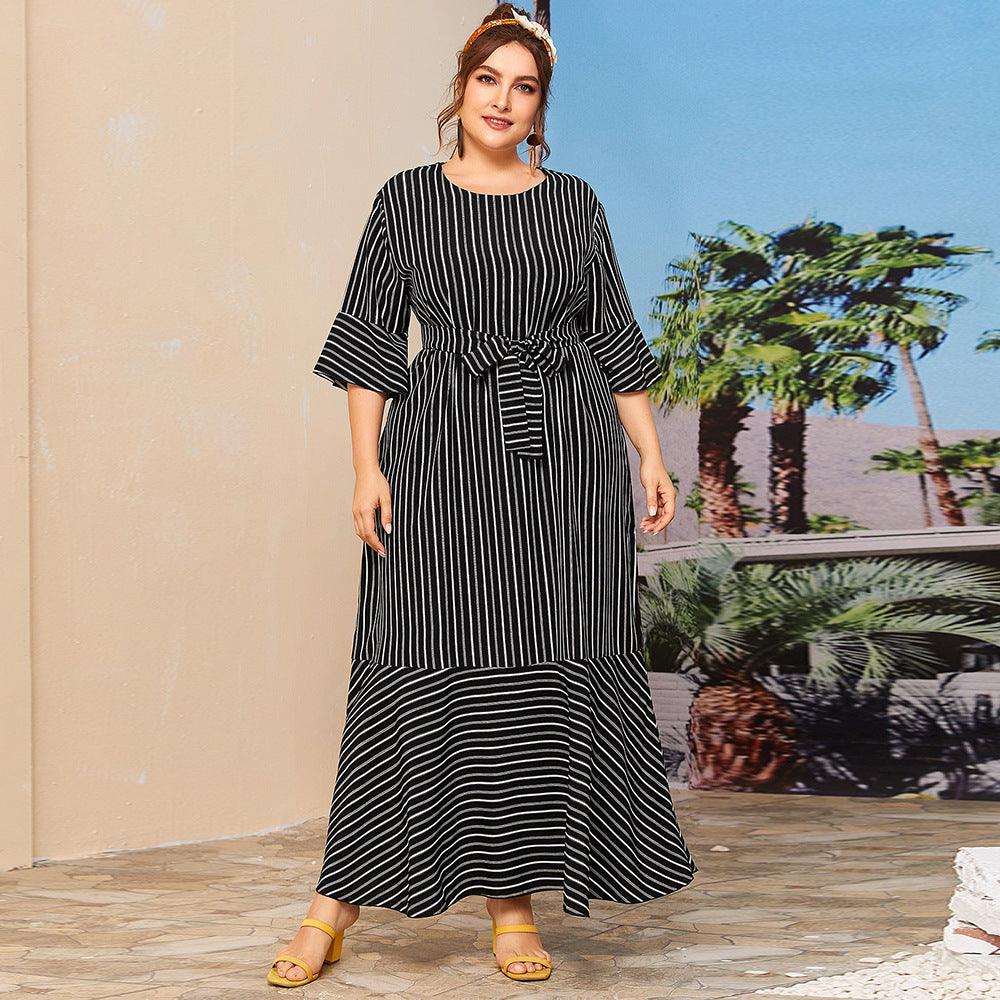 Plus size round neck striped dress - Amazitshop