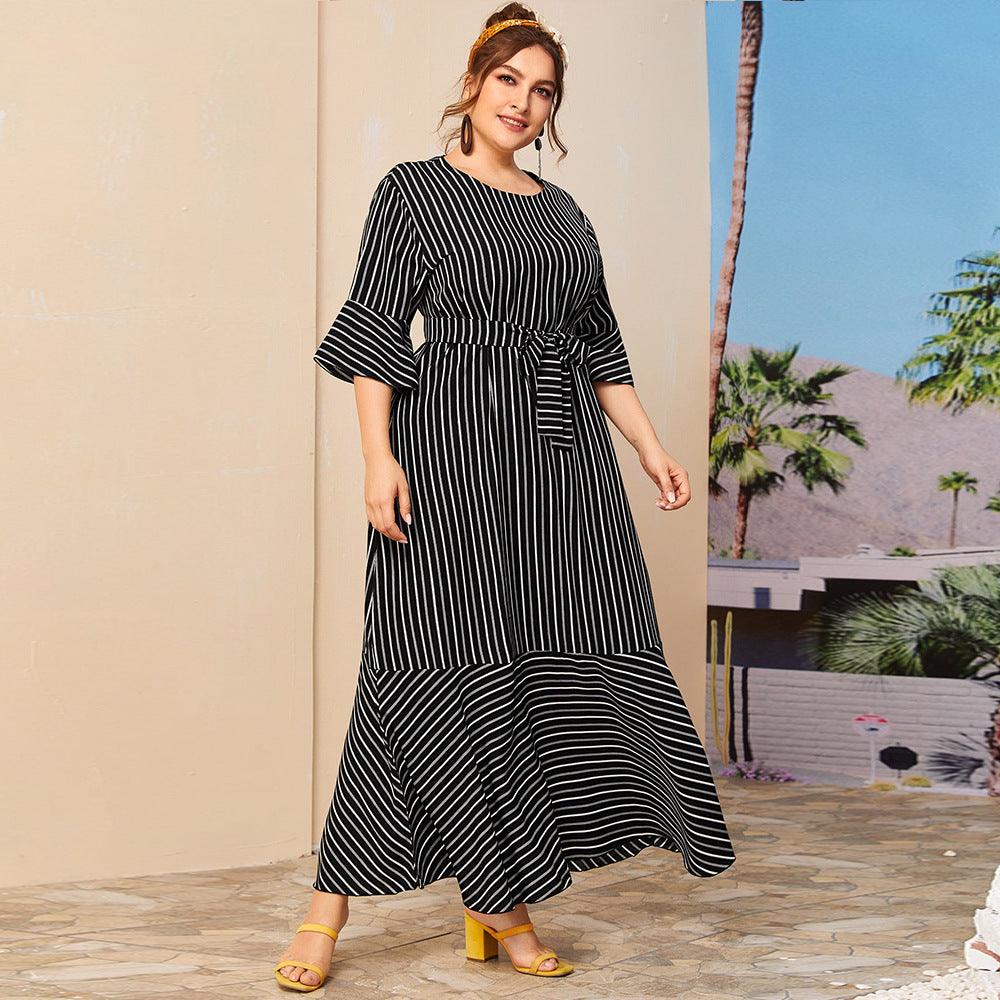 Plus size round neck striped dress - Amazitshop