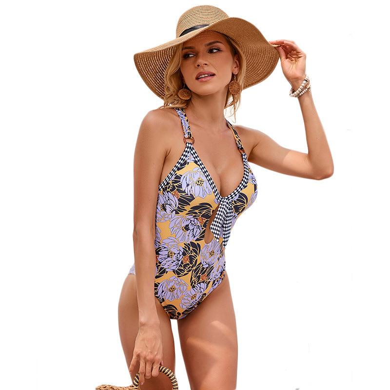Printed One - piece Swimsuit For Women European And American Hollow Out Tied Backless Swimsuit - Amazitshop