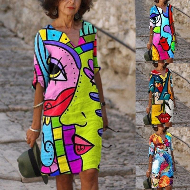 Retro Eye Print Dress V - neck Mid - length Sleeve - Amazitshop