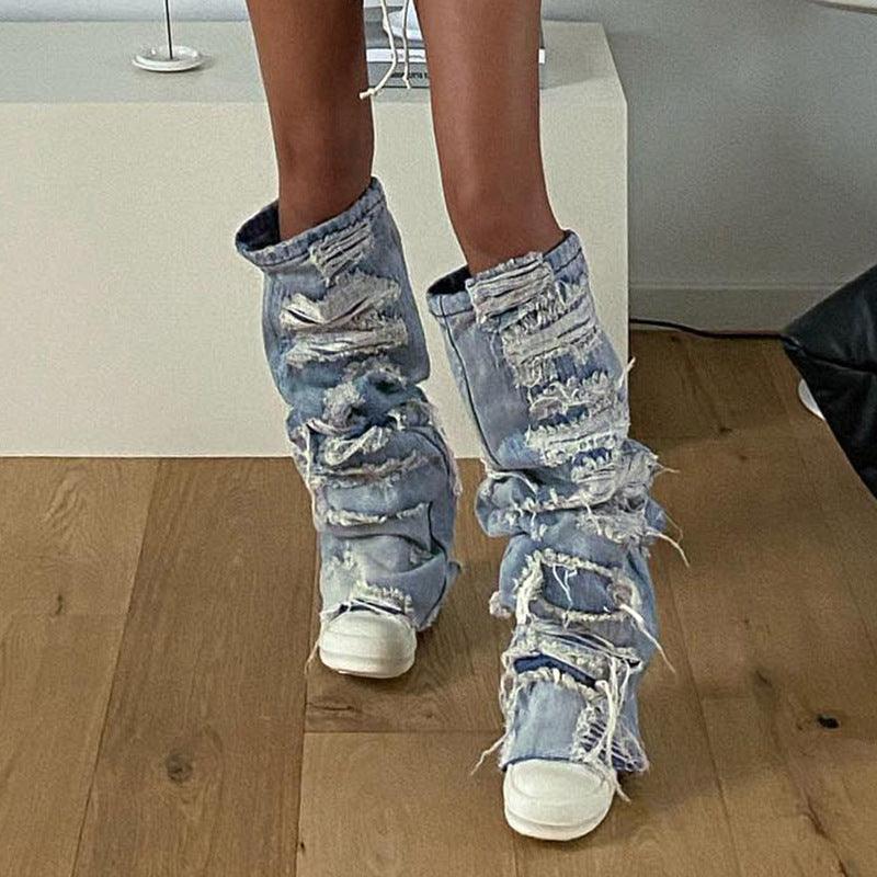 Ripped Design Sense Outdoor All - matching Personality Denim Leg Warmer Female - Amazitshop