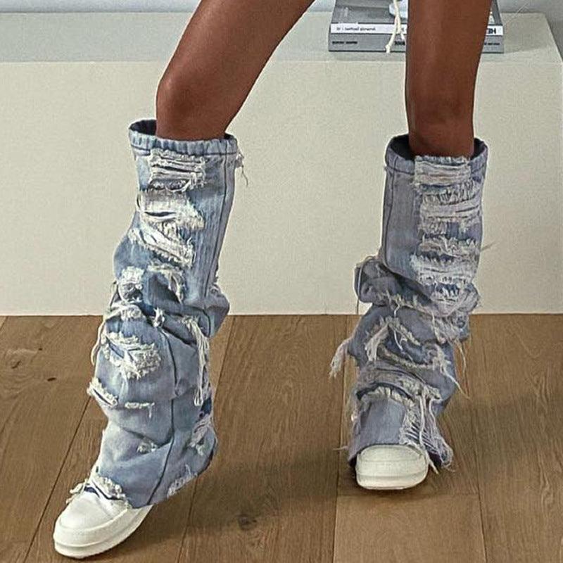 Ripped Design Sense Outdoor All - matching Personality Denim Leg Warmer Female - Amazitshop