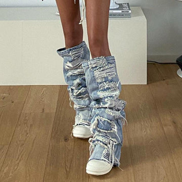 Ripped Design Sense Outdoor All - matching Personality Denim Leg Warmer Female - Amazitshop