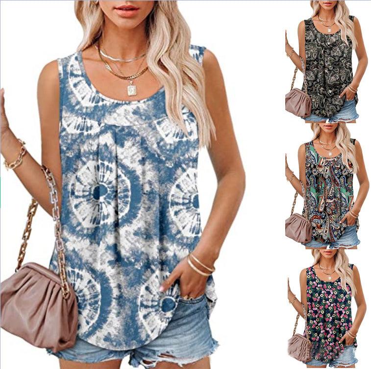 Round Neck Tank Sleeveless Tops Summer Loose Pleated Printed Vest Women - Amazitshop