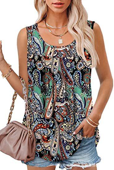 Round Neck Tank Sleeveless Tops Summer Loose Pleated Printed Vest Women - Amazitshop
