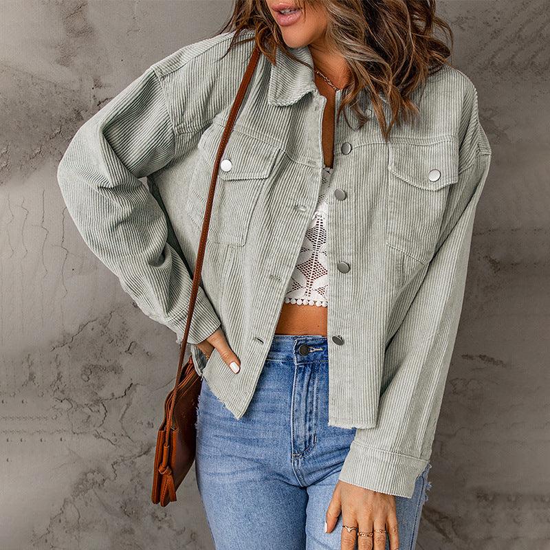 Shiying Simple Style Niche Corduroy Lapels Single - breasted Solid Color Shirt Jacket - Amazitshop