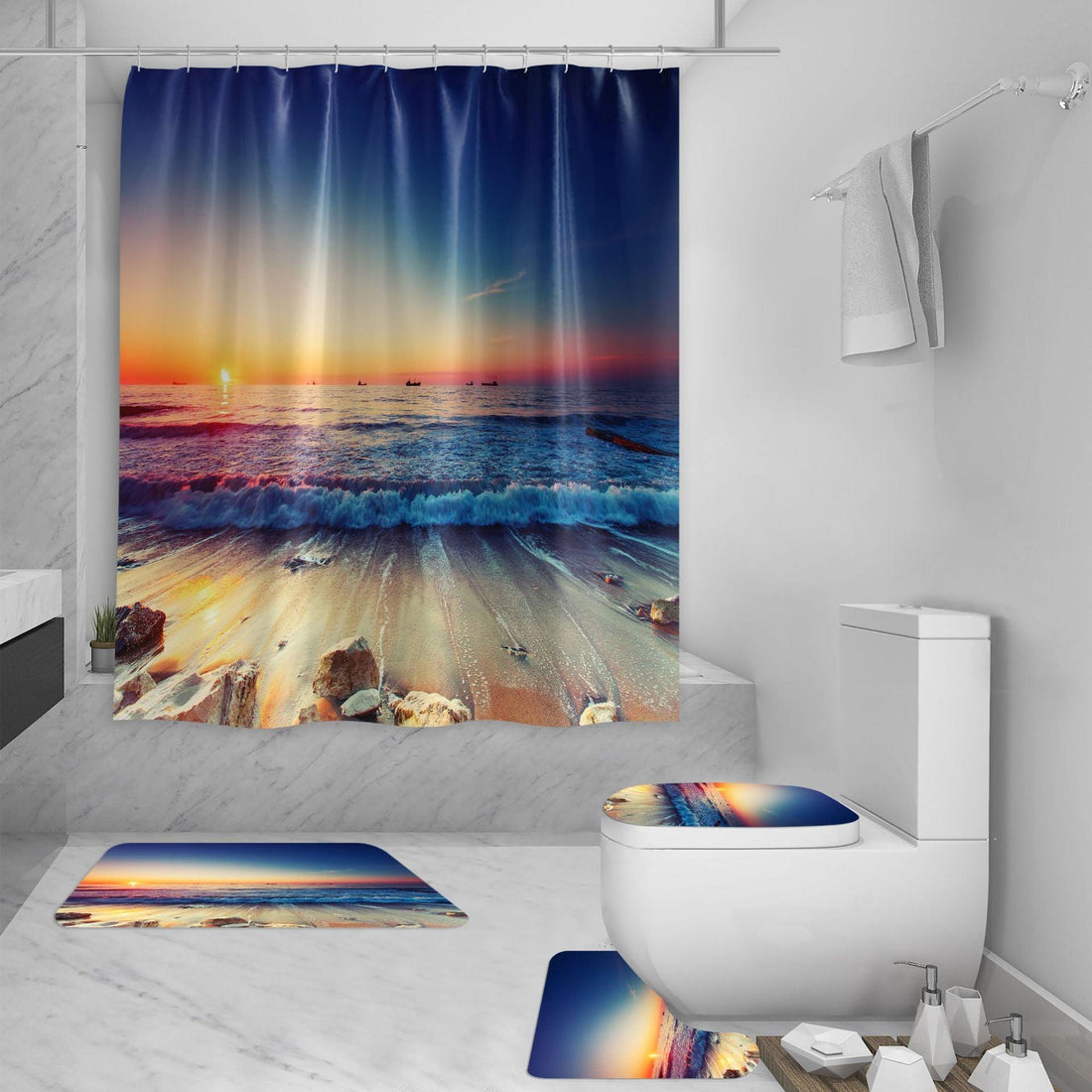 Shower Curtain Set 3D Sea View Beach Digital Printing Shower Curtain Waterproof Polyester - Amazitshop