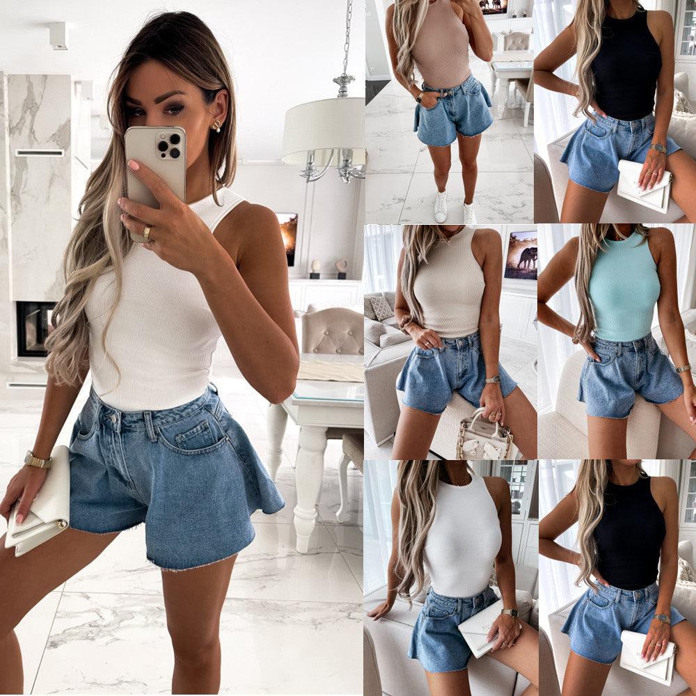 Simple Slim Solid Color Round Neck Knitted Vest Women's Clothing - Amazitshop